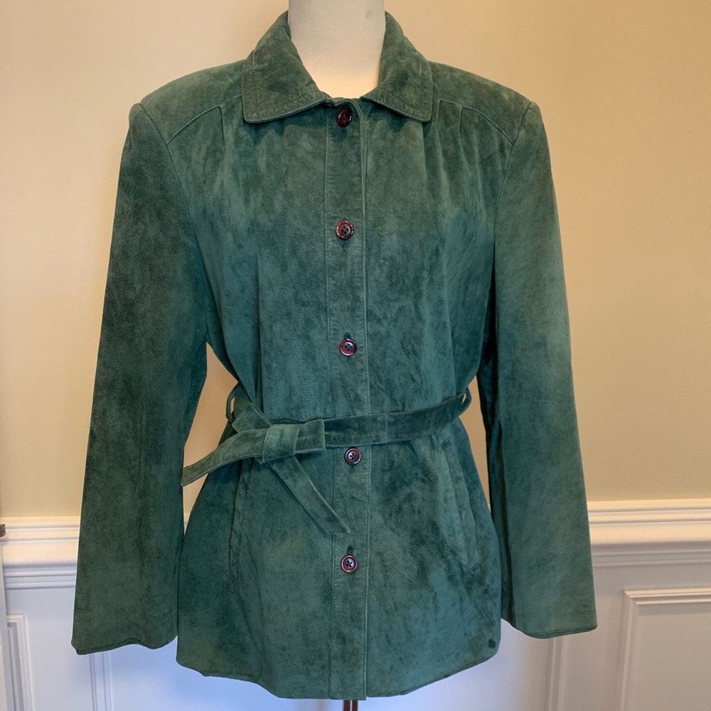 Orvis Leather Suede Jacket Coat Green Belt